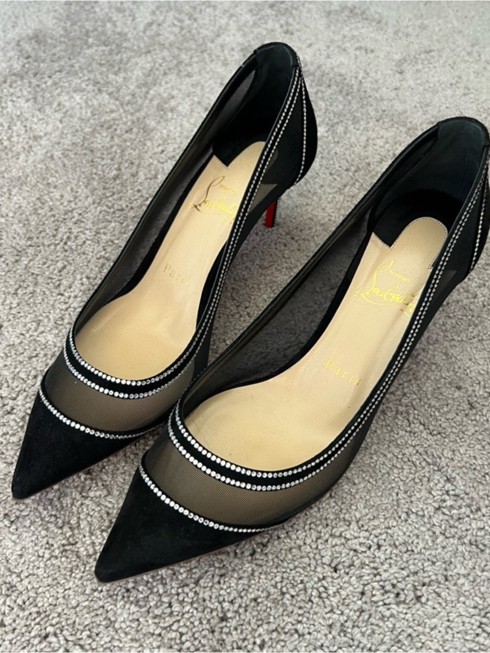 Christian Louboutin Black Mesh & Suede Pointed Crystal-Trim Kitten Heels